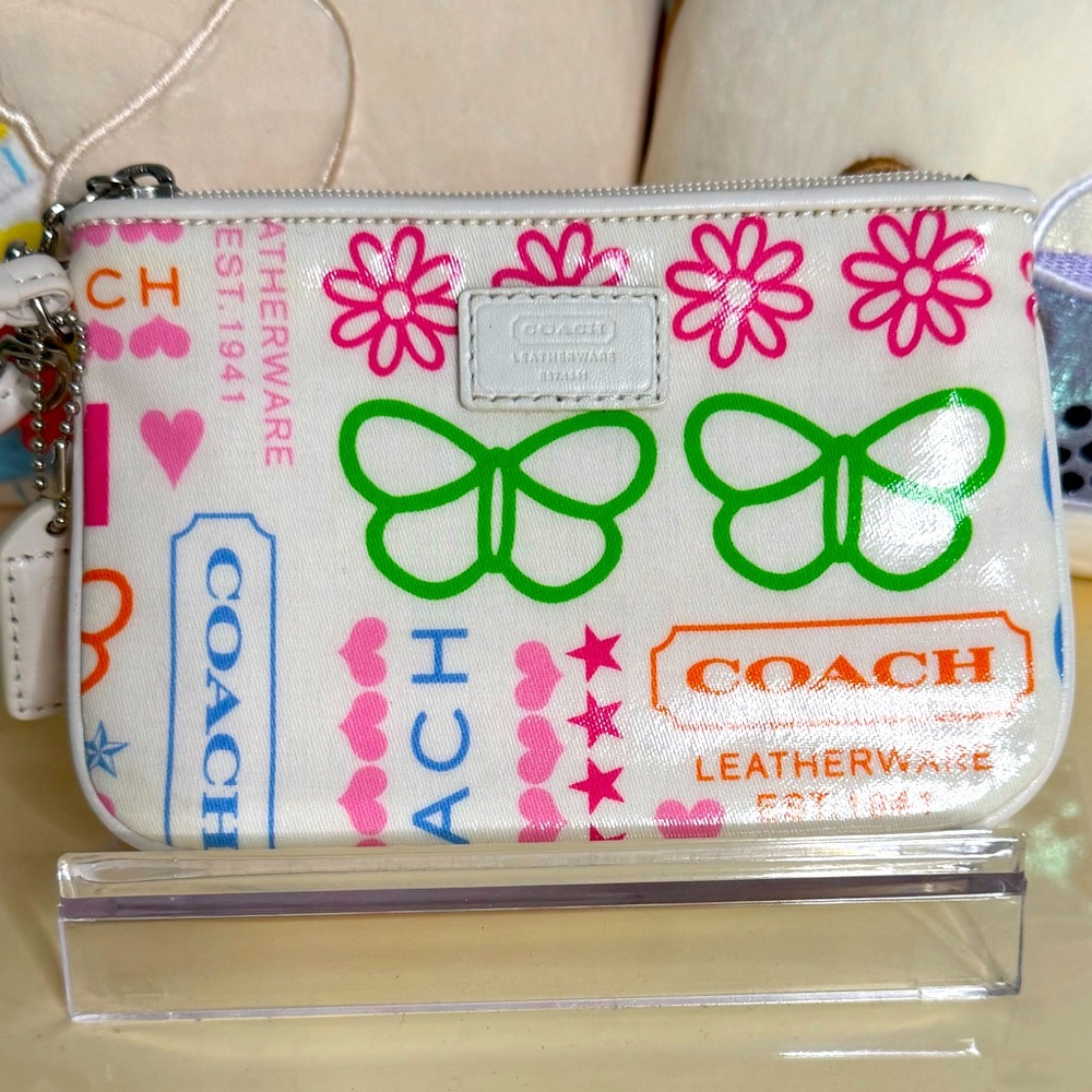 Coach White Patent Butterfly and Floral Wristlet